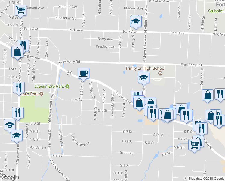 map of restaurants, bars, coffee shops, grocery stores, and more near 808 South 38th Street in Fort Smith