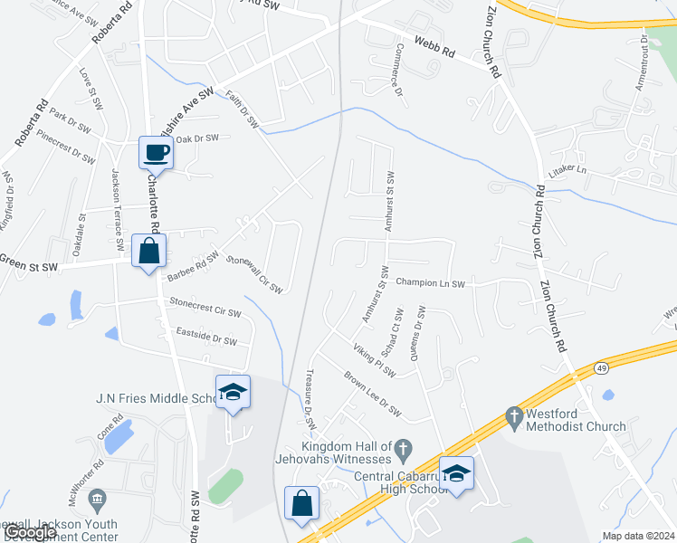 map of restaurants, bars, coffee shops, grocery stores, and more near 2876 Rockingham Court Southwest in Concord