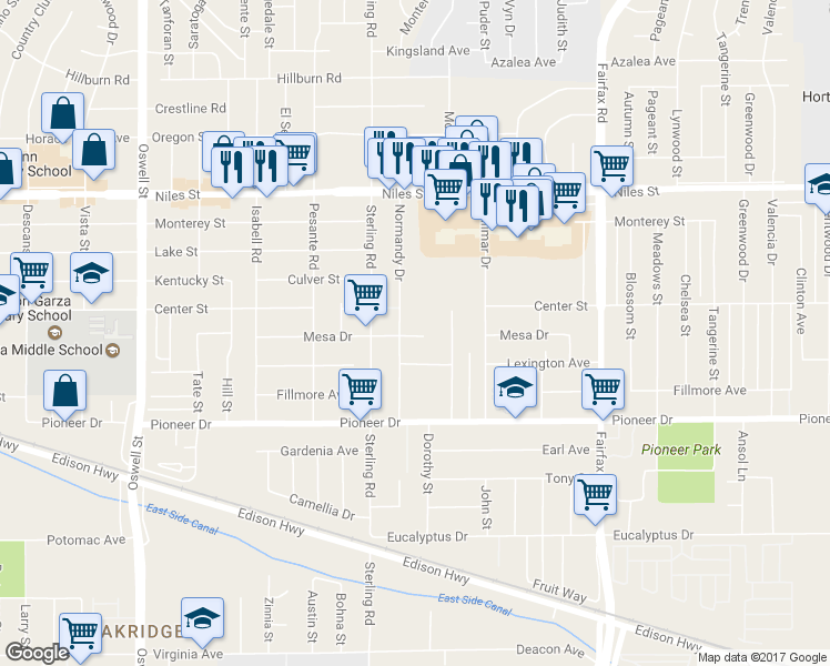 map of restaurants, bars, coffee shops, grocery stores, and more near 801 Normandy Drive in Bakersfield