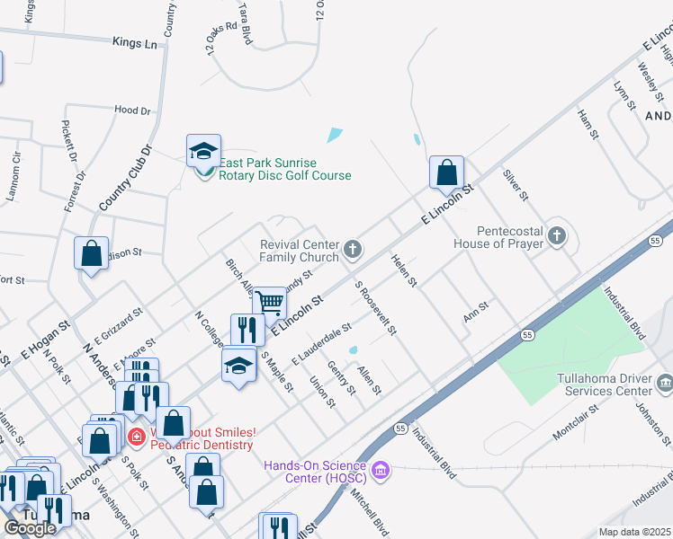 map of restaurants, bars, coffee shops, grocery stores, and more near 1113 East Lincoln Street in Tullahoma