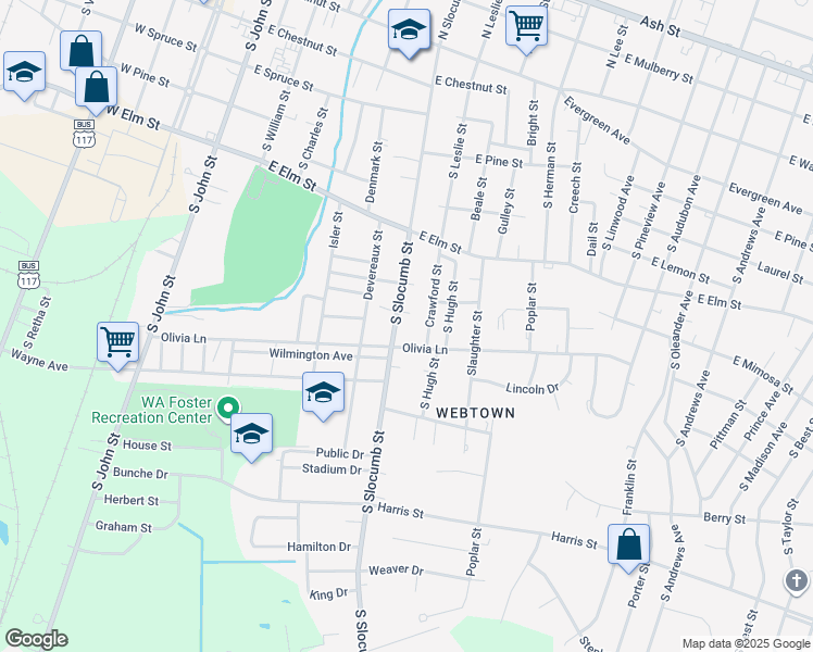 map of restaurants, bars, coffee shops, grocery stores, and more near 817 Crawford Street in Goldsboro