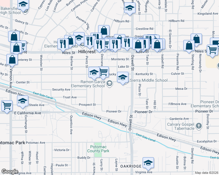 map of restaurants, bars, coffee shops, grocery stores, and more near 2901 Center Street in Bakersfield
