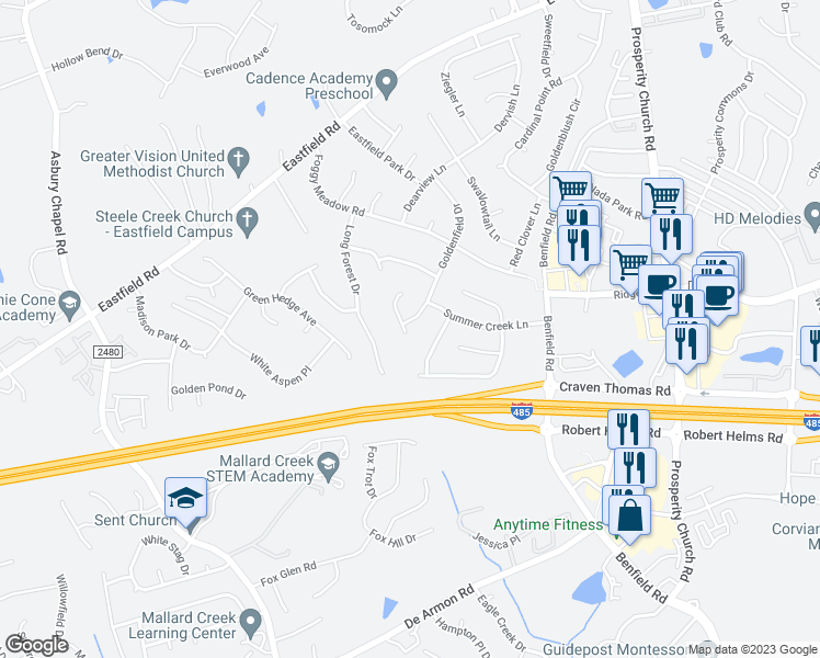 map of restaurants, bars, coffee shops, grocery stores, and more near 6110 Goldenfield Drive in Charlotte