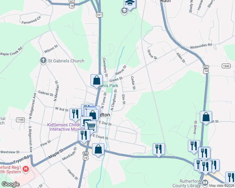 map of restaurants, bars, coffee shops, grocery stores, and more near 332 North Cleghorn Street in Rutherfordton