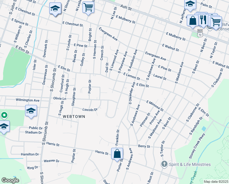 map of restaurants, bars, coffee shops, grocery stores, and more near 1200 East Mimosa Street in Goldsboro
