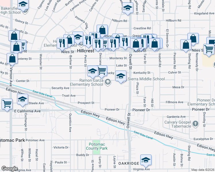 map of restaurants, bars, coffee shops, grocery stores, and more near 2901 Center Street in Bakersfield