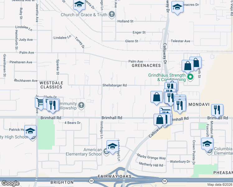 map of restaurants, bars, coffee shops, grocery stores, and more near 10321 Shellabarger Road in Bakersfield