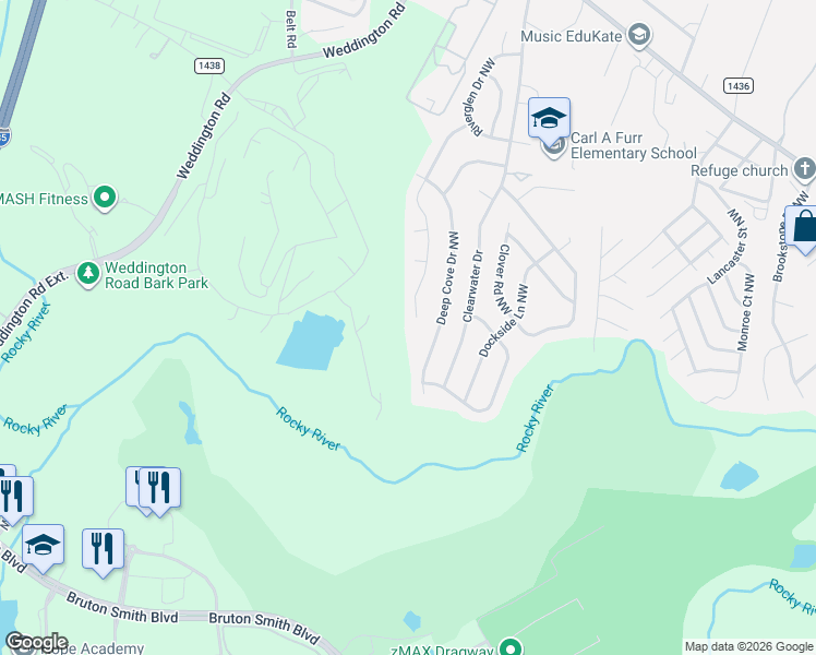 map of restaurants, bars, coffee shops, grocery stores, and more near 2934 Island Point Drive Northwest in Concord