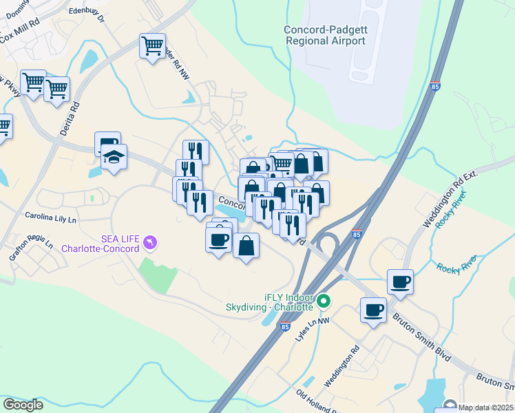 map of restaurants, bars, coffee shops, grocery stores, and more near 8034 Concord Mills Boulevard in Concord