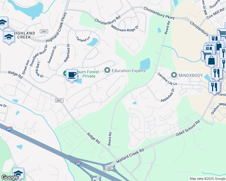 map of restaurants, bars, coffee shops, grocery stores, and more near 2636 Forest Grove Court in Charlotte