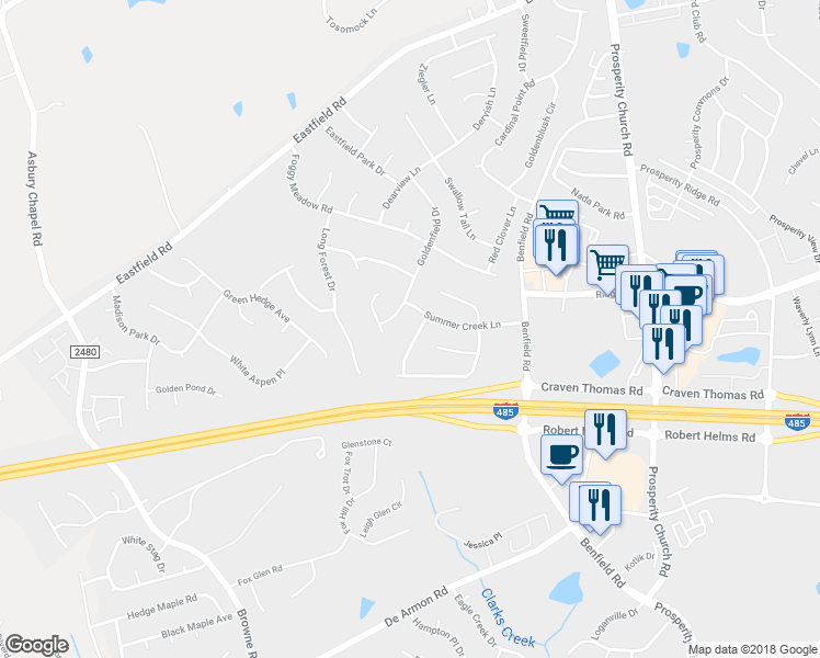 map of restaurants, bars, coffee shops, grocery stores, and more near 5935 Laurenfield Drive in Charlotte