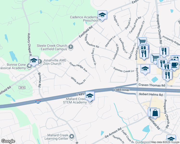 map of restaurants, bars, coffee shops, grocery stores, and more near 10036 Green Hedge Avenue in Charlotte