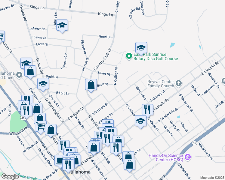 map of restaurants, bars, coffee shops, grocery stores, and more near 407 North College Street in Tullahoma