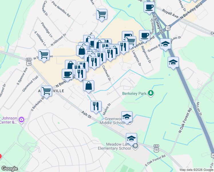 map of restaurants, bars, coffee shops, grocery stores, and more near 3102-3204 Cashwell Drive in Goldsboro