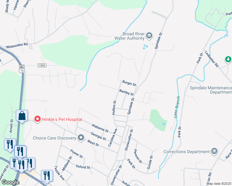 map of restaurants, bars, coffee shops, grocery stores, and more near 281 Hollins Street in Spindale