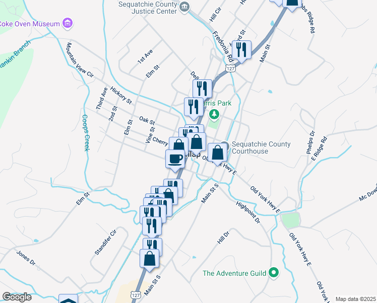 map of restaurants, bars, coffee shops, grocery stores, and more near Tennessee 28 in Dunlap