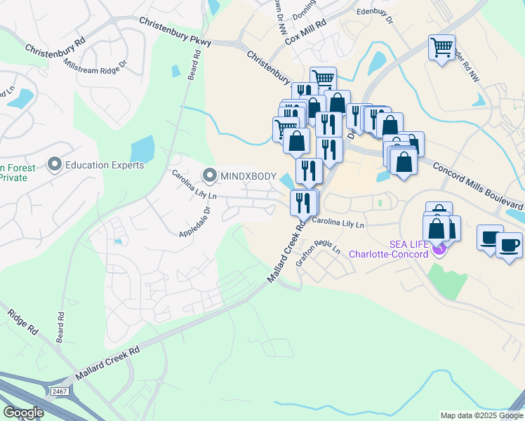 map of restaurants, bars, coffee shops, grocery stores, and more near 8814 Hollow Creek Circle in Charlotte