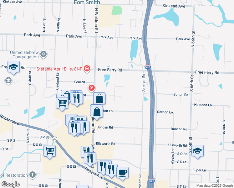 map of restaurants, bars, coffee shops, grocery stores, and more near 5601 Summit Street in Fort Smith