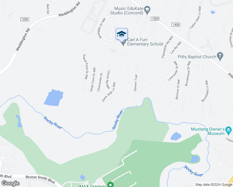 map of restaurants, bars, coffee shops, grocery stores, and more near 3084 Clover Road Northwest in Concord
