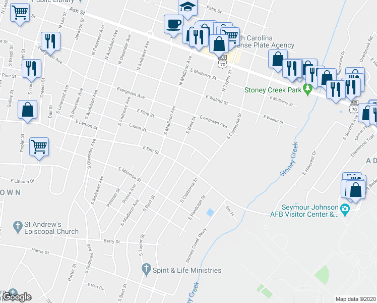 map of restaurants, bars, coffee shops, grocery stores, and more near 403 Taylor Place in Goldsboro