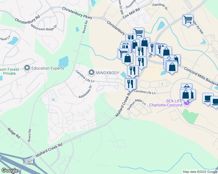 map of restaurants, bars, coffee shops, grocery stores, and more near 8800 Hollow Creek Circle in Charlotte