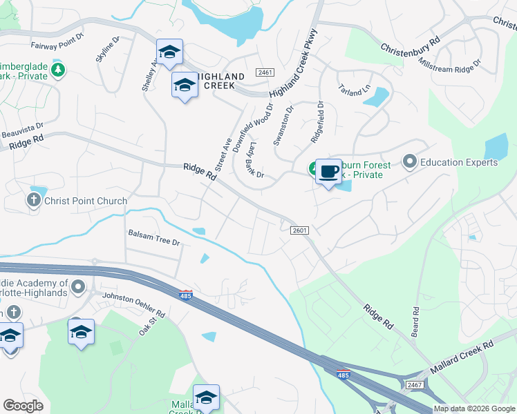 map of restaurants, bars, coffee shops, grocery stores, and more near Ridge Road in Charlotte