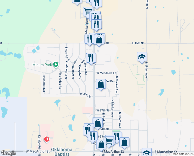 map of restaurants, bars, coffee shops, grocery stores, and more near 3947 North Kickapoo Avenue in Shawnee