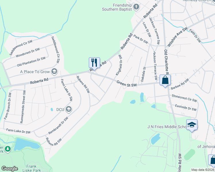 map of restaurants, bars, coffee shops, grocery stores, and more near 508 Kingfield Drive Southwest in Concord