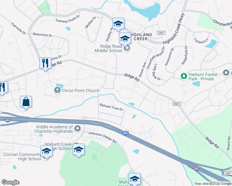 map of restaurants, bars, coffee shops, grocery stores, and more near 6321 Stoney Valley Court in Charlotte
