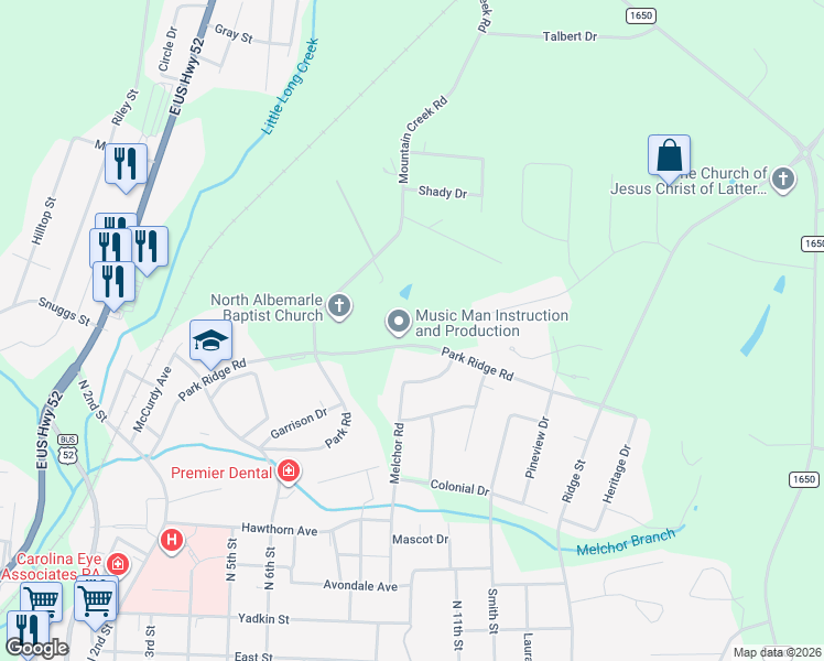 map of restaurants, bars, coffee shops, grocery stores, and more near 413 Park Ridge Rd in Albemarle