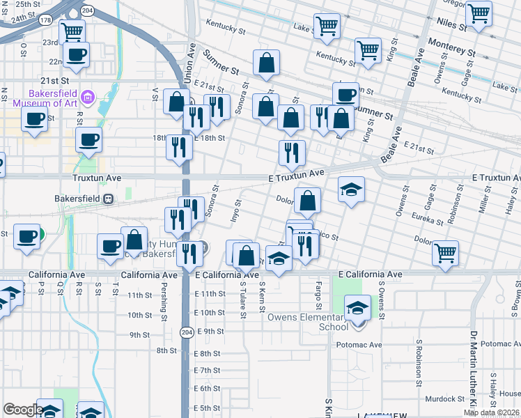 map of restaurants, bars, coffee shops, grocery stores, and more near 428 Chico Street in Bakersfield