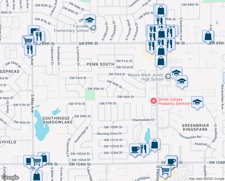 map of restaurants, bars, coffee shops, grocery stores, and more near 9601 Honeysuckle Road in Oklahoma City