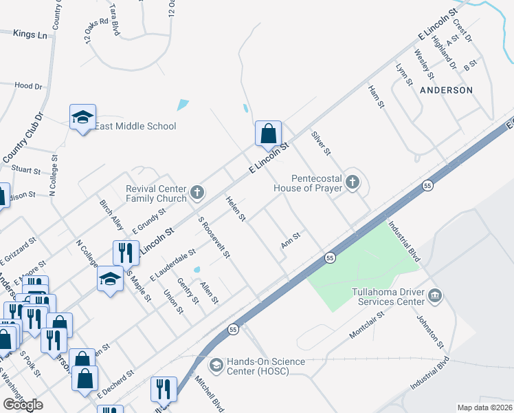 map of restaurants, bars, coffee shops, grocery stores, and more near 905 Leona Avenue in Tullahoma