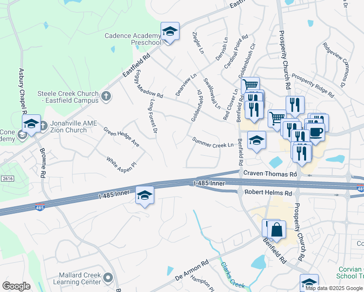 map of restaurants, bars, coffee shops, grocery stores, and more near 6114 Goldenfield Drive in Charlotte