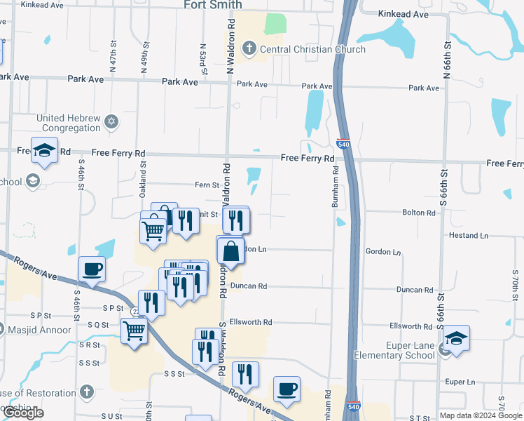 map of restaurants, bars, coffee shops, grocery stores, and more near 5509 Summit Court in Fort Smith