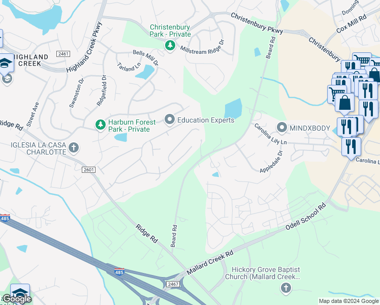 map of restaurants, bars, coffee shops, grocery stores, and more near 12944 Deaton Hill Drive in Charlotte