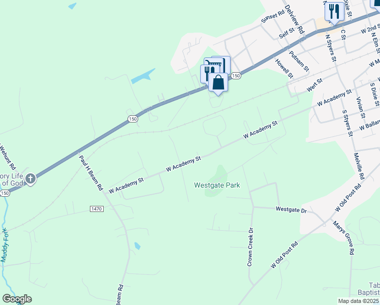 map of restaurants, bars, coffee shops, grocery stores, and more near 1444 West Academy Street in Cherryville