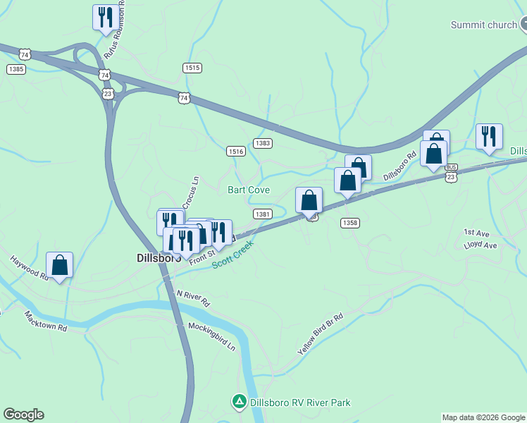 map of restaurants, bars, coffee shops, grocery stores, and more near 1631 Dillsboro Road in Sylva