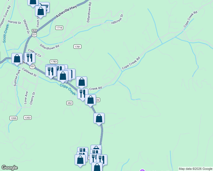 map of restaurants, bars, coffee shops, grocery stores, and more near 240 Cope Creek Road in Sylva
