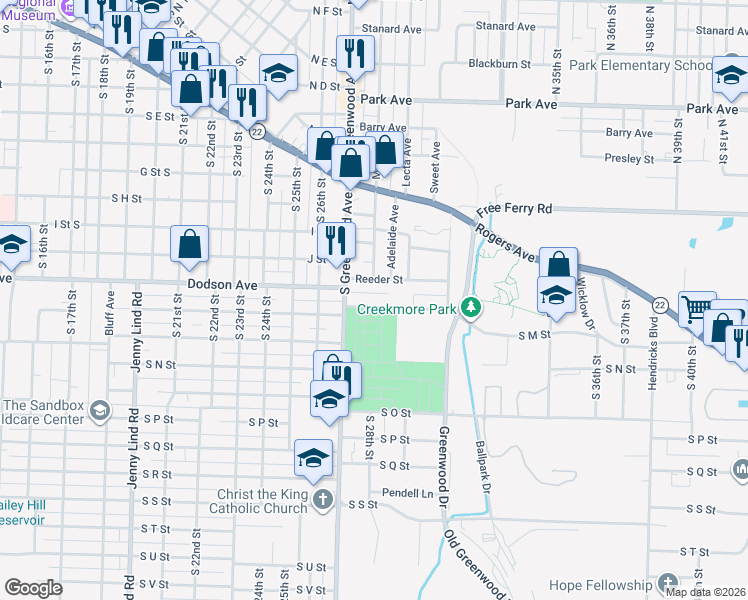 map of restaurants, bars, coffee shops, grocery stores, and more near 2715 Dodson Avenue in Fort Smith