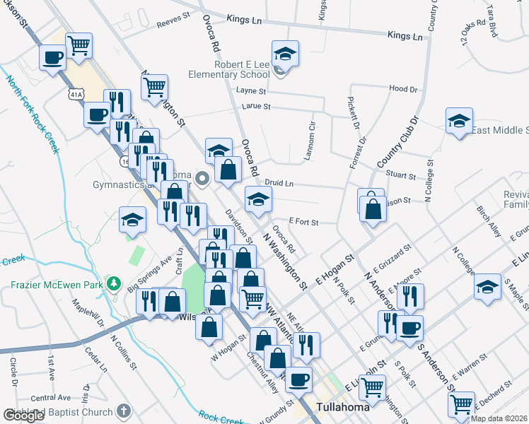 map of restaurants, bars, coffee shops, grocery stores, and more near 807 Ovoca Road in Tullahoma