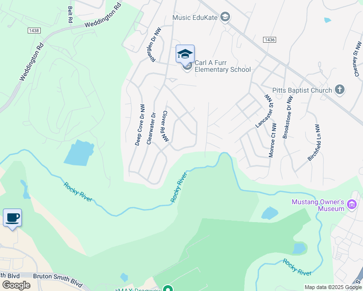 map of restaurants, bars, coffee shops, grocery stores, and more near 3084 Clover Road Northwest in Concord