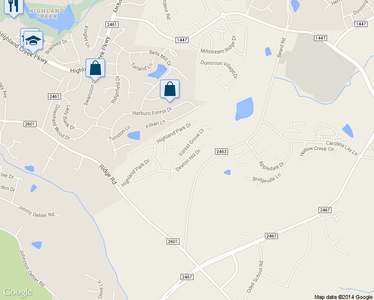 map of restaurants, bars, coffee shops, grocery stores, and more near 2636 Forest Grove Court in Charlotte