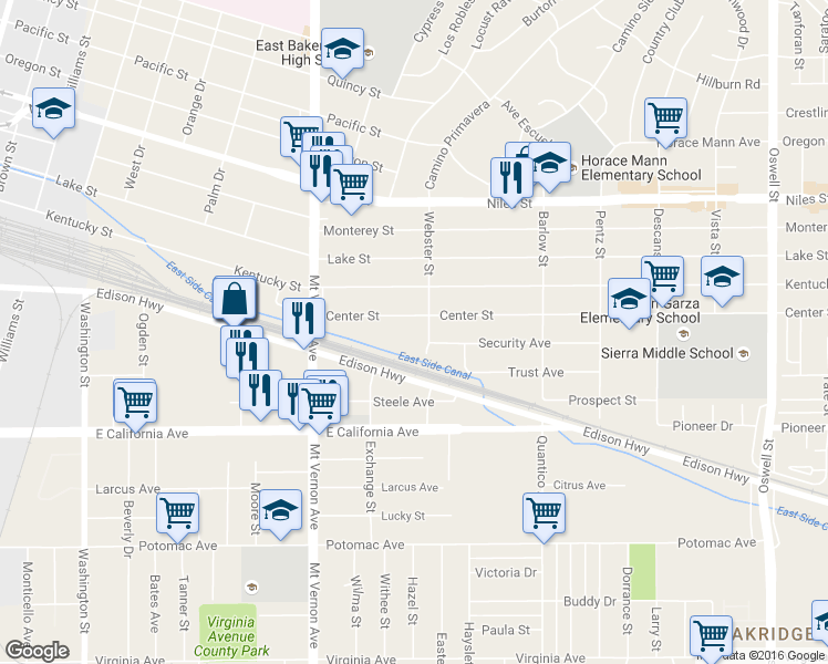 map of restaurants, bars, coffee shops, grocery stores, and more near 1008 Webster Street in Bakersfield