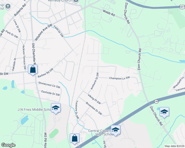 map of restaurants, bars, coffee shops, grocery stores, and more near 411 Amhurst Street Southwest in Concord