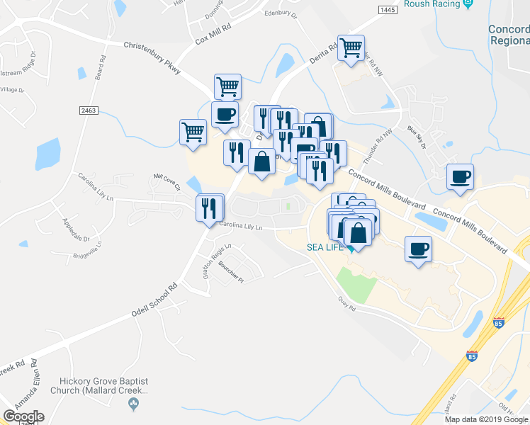 map of restaurants, bars, coffee shops, grocery stores, and more near 211 Lily Green Court Northwest in Concord