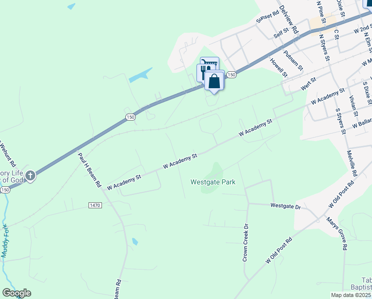 map of restaurants, bars, coffee shops, grocery stores, and more near 1444 West Academy Street in Cherryville