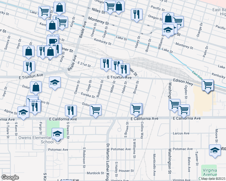 map of restaurants, bars, coffee shops, grocery stores, and more near 1300 East 18th Street in Bakersfield