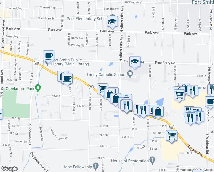map of restaurants, bars, coffee shops, grocery stores, and more near 1204 South 41st Circle in Fort Smith