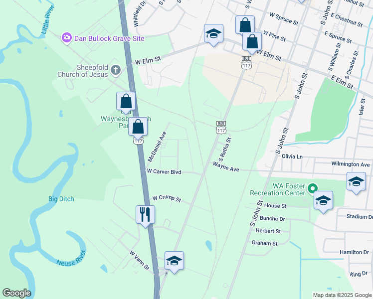 map of restaurants, bars, coffee shops, grocery stores, and more near 914 Anderson Drive in Goldsboro